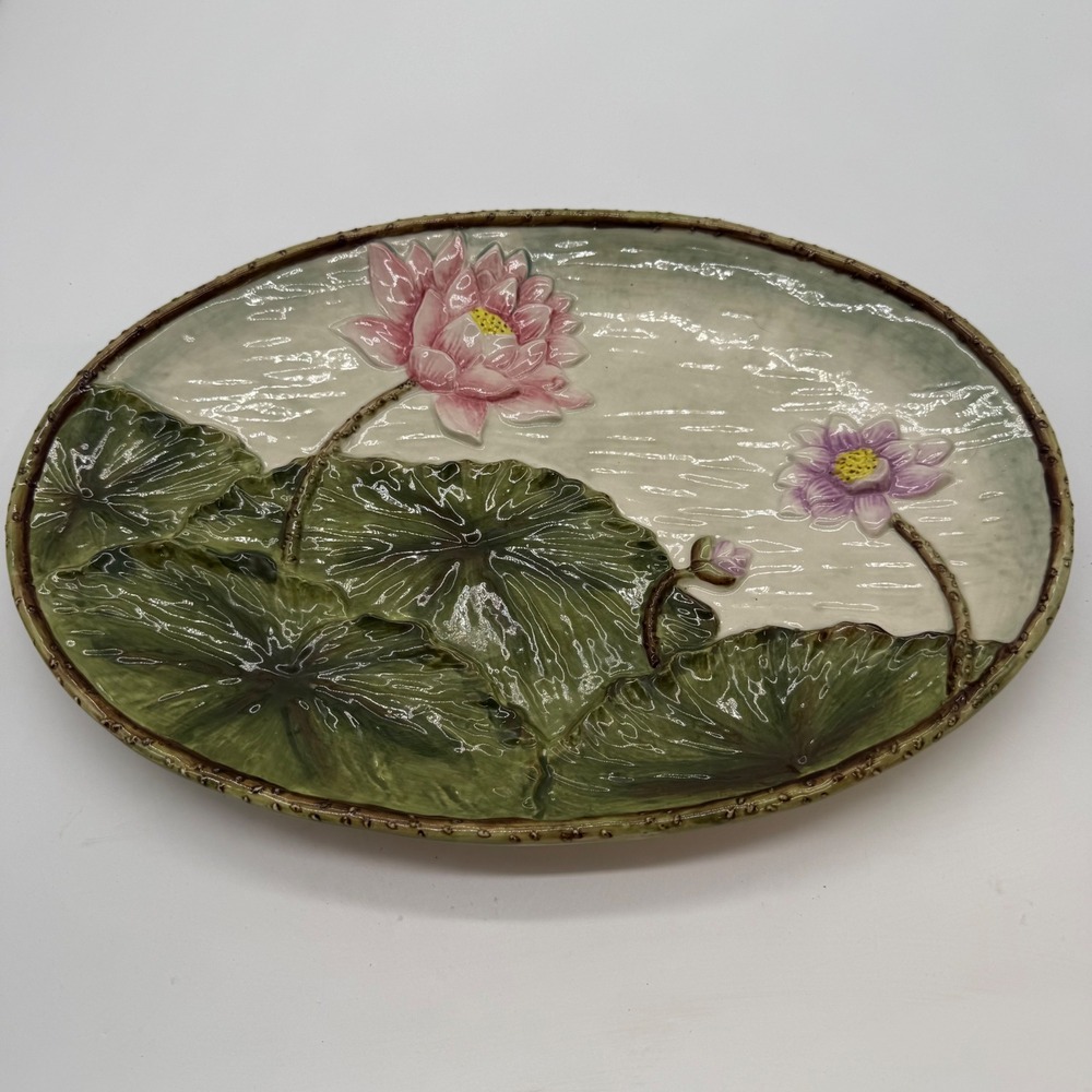 Pacific Rim Handpainted Ceramic Water Lily Pad 3D Relief Oval Serving Platter